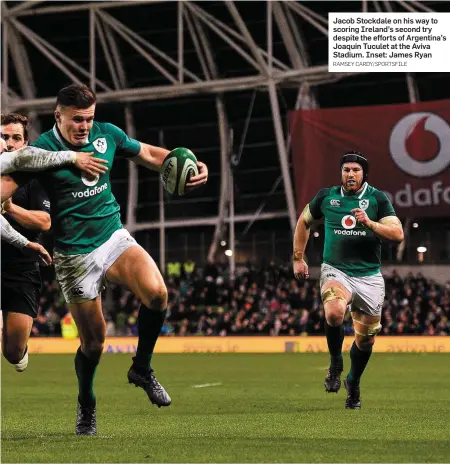  ?? RAMSEY CARDY/SPORTSFILE ?? Jacob Stockdale on his way to scoring Ireland’s second try despite the efforts of Argentina’s Joaquin Tuculet at the Aviva Stadium. Inset: James Ryan