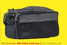  ??  ?? The Bontrager MIK Utility trunk bag ($ 172, trekbikes.com) adds 13 l of carrying capacity to a back rack. An integrated rain bag slides out of the rear pocket when the weather turns. A light clips easily to a loop at the back.