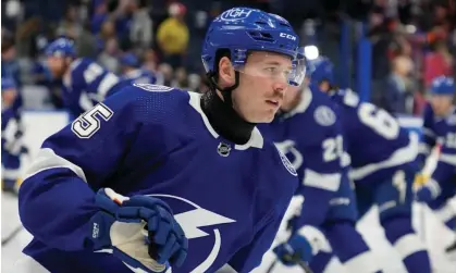  ?? ?? Tampa Bay Lightning’s Cole Koepke wears a protective neck guard before a game this month. Photograph: Chris O’Meara/AP