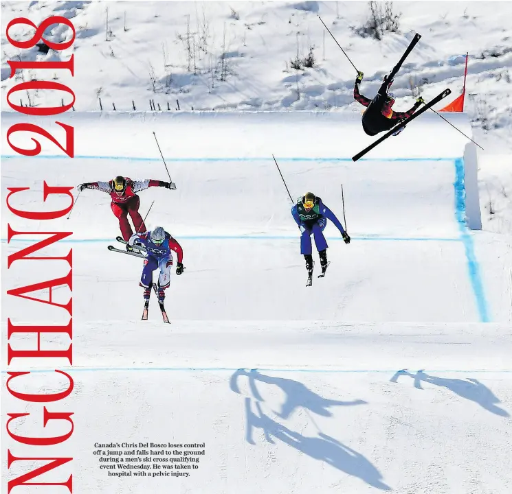  ?? LOIC VENANCE / AFP / GETTY IMAGES ?? Canada’s Chris Del Bosco loses control off a jump and falls hard to the ground during a men’s ski cross qualifying event Wednesday. He was taken to hospital with a pelvic injury.