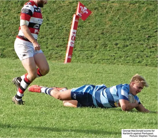  ?? ?? George MacDonald scores for Narberth against Pontypool.
Picture: Stephen Thomas