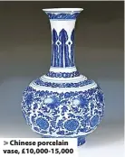  ?? ?? > Chinese porcelain vase, £10,000-15,000