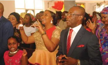  ??  ?? Professor Cyril Ndifon and his wife, Rita, at the thanksgivi­ng service