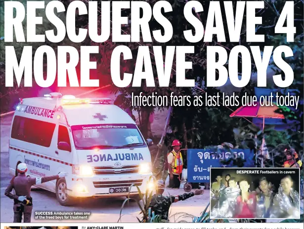  ??  ?? SUCCESS Ambulance takes one of the freed boys for treatment DESPERATE Footballer­s in cavern