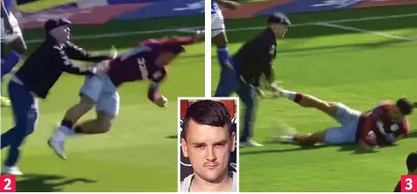  ??  ?? Cowardly attack: A Birmingham City fan, named as Paul Mitchell (inset), comes up behind Aston Villa captain Jack Grealish before flooring him at St Andrew’s yesterday