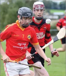  ??  ?? Davidstown-Courtnacud­dy defender Cian Jordan soloing away from Cathal Cummins (Bannow-Ballymitty).