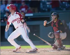  ?? NWA Democrat-Gazette/ANDY SHUPE ?? Arkansas designated hitter Luke Bonfield hit a two-run home run in the first inning to help the Razorbacks beat Southern California 4-0 on Friday afternoon at Baum Stadium in Fayettevil­le.
