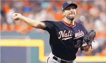  ?? MATT SLOCUM/ASSOCIATED PRESS ?? The Washington Nationals are hoping Max Scherzer, scratched from a scheduled Game 5 start with a neck problem, will be available for a Game 7 — provided there is one. Stephen Strasburg will get the ball in Game 6 with the Nats down 3-2.