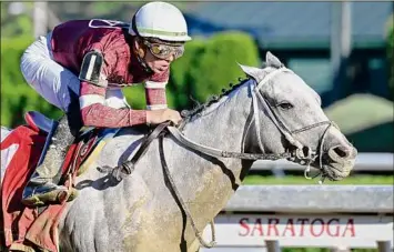  ?? Skip Dickstein / Special to the Times Union ?? Jockey Tyler Gaffalione leads the field to the finish line on Wicked Halo to win the 75th running of the $250,000 Grade II Prioress Stakes at Saratoga Race Course on Friday.