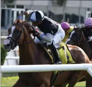  ?? JOE LABOZZETTA/NYRA ?? Voodoo Song with Manuel Franco up raced to a one-length win in the 2018 Forbidden Apple on July 14 in Belmont Park.