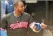  ?? KYLE FRANKO — TRENTONIAN PHOTO ?? Mets outfielder Yoenis Cespedes, on a rehab assignment with Binghamton, walks in the dugout during a game against the Thunder at Arm & Hammer Park on Friday.