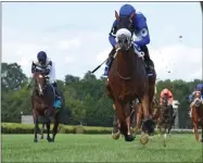  ?? CHELSEA DURAND / NYRA ?? Rinaldi with Luis Saez up raced to a four and a-quarter length victory Wednesday in the New York Stallion Series Cab Calloway Division stakes at Saratoga Race Course.