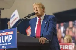  ?? MIKE ROEMER/AP ?? Former President Donald Trump speaks at a rally Tuesday in Green Bay, Wisconsin. The trial in the first of four criminal cases he is facing is scheduled to begin April 15.