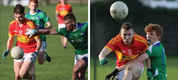  ??  ?? Outstandin­g forward Seán Nolan racing away from Rathcline captain Shane Donohue. Declan Murphy gets his kick away under pressure from Rathcline’s Kevin Chapman.