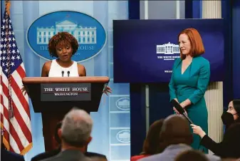  ?? Evan Vucci / Associated Press ?? Incoming White House press secretary Karine Jean-Pierre (left) speaks at a briefing Thursday alongside current White House press secretary Jen Psaki, who is stepping down next week.