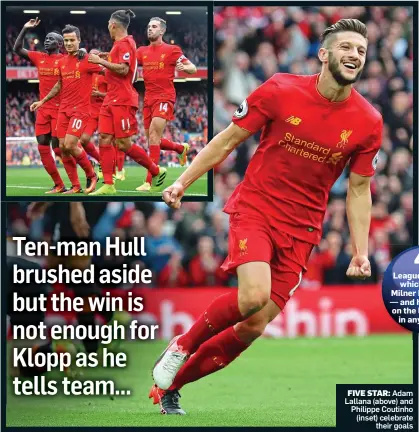  ??  ?? FIVE STAR: Adam Lallana (above) and Philippe Coutinho (inset) celebrate their goals