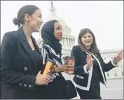  ?? Saul Loeb AFP/Getty Images ?? U.S. REPS. Alexandria Ocasio-Cortez, left, and Ilhan Omar, center, appear targeted by the president.