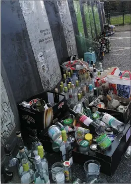  ??  ?? The scene on Sunday afternoon at the council’s bottle bank at the Beech Road car park in Killarney as the volume of home drinking continues to rise during isolation.