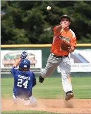  ?? RECORDER PHOTOS BY CHIEKO HARA ?? Shortstop Diego Dulay, right, throws to first for a double play after forcing out Spreckels Park's runner at second Sunday.