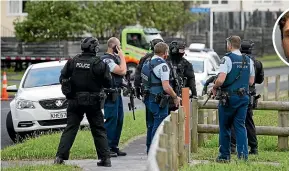  ??  ?? Armed police searched for David Scadden in Marfell, New Plymouth, on Wednesday. Inset: Scadden is considered dangerous and should not be approached, police say.