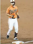  ?? JULIO CORTEZ/AP ?? Ramon Urias stands on first base after recording his first profession­al hit during the third inning against the Red Sox on Saturday in Baltimore.