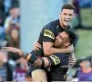  ??  ?? Panthers pair Tyrone May and Nathan Cleary, top, celebrate May’s try. GETTY