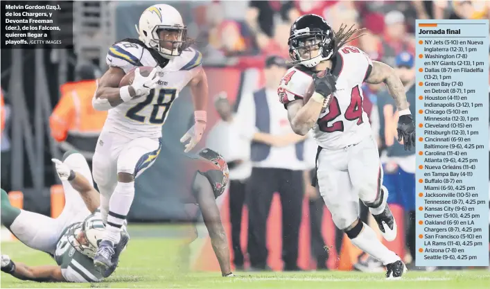  ?? /GETTY IMAGES ?? Melvin Gordon (izq.), de los Chargers, y Devonta Freeman (der.), de los Falcons, quieren llegar a playoffs.