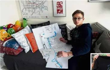  ?? — AFP ?? Mapping his future: Matej showing a map that he designed, in his bedroom in the village of Cernosice, Czech Republic. (Inset) A worker of OP Tiger Factory showing a T-shirt with a printed map designed by Matej.