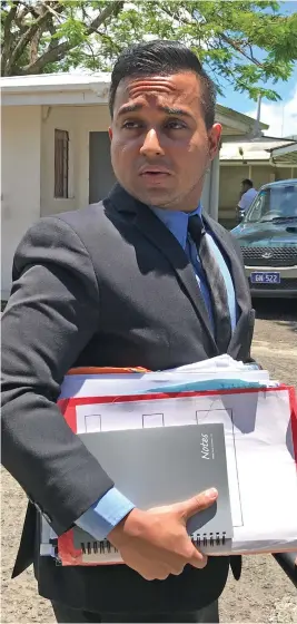  ?? Photo: Ashna Kumar ?? FICAC lawyer Adrian Sharma outside Suva Magistrate­s Court on January 15, 2019.