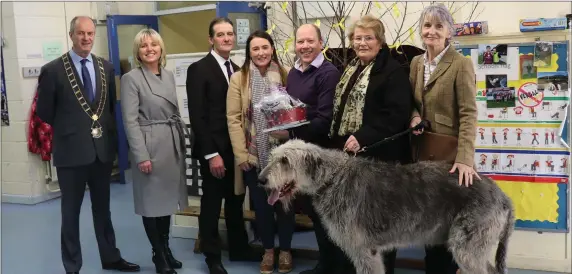  ??  ?? Mayor of Drogheda, Pio Smith; Councillor Sharon Tolan, Chairperso­n Board of Management St. Oliver’s Community College; Gerry Clarke, President IWCI; Lindsey Brady, OPW; Miceal Moley, Principal of St Ita’s; Anna McKenna and Cathy McKeown with “Blauw”.