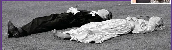  ??  ?? SLEEPING BEAUTIES: Kitty Arden has a well-earned shoeless nap on the lawn next to another reveller after partying the night away at the 1988 Magdalen Ball