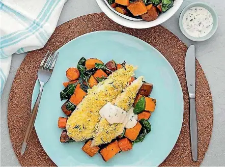  ??  ?? Nadia’s Orange-Crusted Fish with Roasted Vegetables and Orange-Basil Dressing.