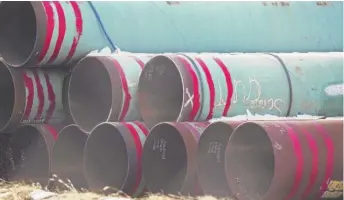  ?? CHRIS MACHIAN /OMAHA WORLD-HERALD VIA AP ?? Pipes to be used for the Keystone XL pipeline are stored in a field near Dorchester, Nebraska, in December. President Joe Biden revoked the pipeline’s permit.