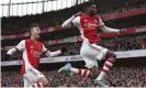  ?? Photograph: Ian Walton/AP ?? Arsenal’s Thomas Partey jumps for joy after scoring the first against Leicester.