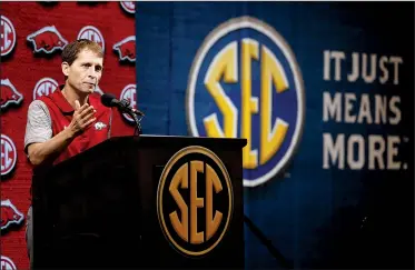  ?? AP/BUTCH DILL ?? Arkansas men’s basketball Coach Eric Musselman speaks Wednesday at SEC media days in Mountain Brook, Ala. The Razorbacks were picked to finish 11th in the SEC in a preseason media poll. “I don’t think your approach as a coach changes one bit whether you’re a top 10 team in the country or you’re picked 11th in the preseason SEC poll,” he said.