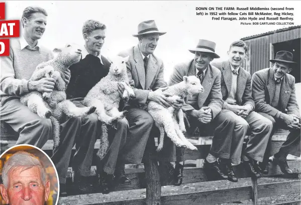  ?? Picture: BOB GARTLAND COLLECTION ?? DOWN ON THE FARM: Russell Middlemiss (second from left) in 1952 with fellow Cats Bill McMaster, Reg Hickey, Fred Flanagan, John Hyde and Russell Renfrey.