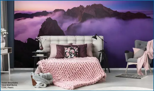  ??  ?? Violet Mountains Vinyl Wall Mural, £290, Pixers