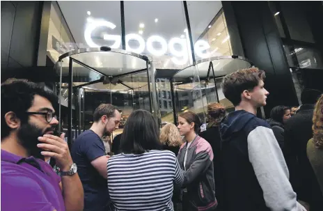  ?? Reuters ?? Workers walk out of the Google offices in London on Thursday, part of a global protest against sexual misconduct at the company