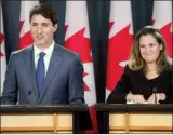  ?? The Canadian Press ?? Prime Minister Justin Trudeau and Minister of Foreign Affairs Chrystia Freeland hold a press conference regarding the United States Mexico Canada Agreement at the National Press Theatre in Ottawa on Monday.