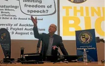  ?? ALAN APTED/STUFF ?? Don Brash speaks during the debate. Although supporting their right to protest, Brash said the protesters way of protesting was wrong.