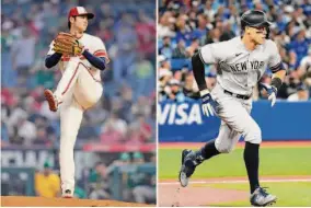  ?? The Chronicle composite: Michael Owens/Getty Images; Nathan Denette/Associated Press ?? Far left: Shohei Ohtani has done what no one else has: He has hit 34 homers and struck out 213 batters. Near left: Aaron Judge has rubbed elbows with his 60-homer brethren Roger Maris and Babe Ruth this season while helping the Yankees win big.