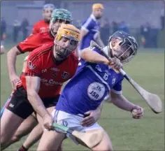  ??  ?? Jack Reck (Oylegate-Glenbrien) is tackled by Eoin Moore (Oulart-The Ballagh) in their Pettitt’s SHC encounter in Bellefield.