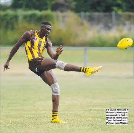  ?? ?? Fit Malau-aduli and his University Hawks got run down by a fastfinish­ing Hermit Park Tigers last weekend. Picture: Evan Morgan