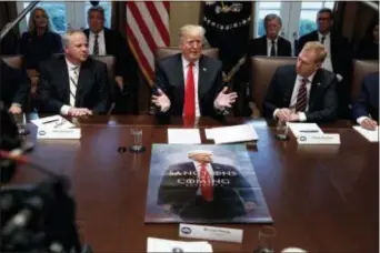  ?? EVAN VUCCI — THE ASSOCIATED PRESS ?? Acting Secretary of the Interior David Bernhardt, left, and acting Secretary of Defense Patrick Shanahan, right, listen as President Donald Trump speaks during a cabinet meeting at the White House in Washington.