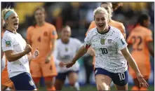  ?? (AP/Alysa Rubin) ?? Lindsey Horan (right) of the United States celebrates her team’s goal during the Women’s World Cup Group E match against the Netherland­s on Thursday at Wellington, New Zealand. The game ended in a 1-1 tie.