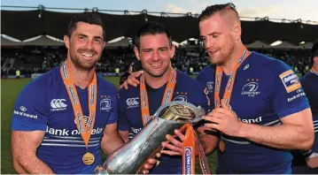  ??  ?? Rob Kearney, Fergus McFadden and Jamie Heaslip following their side’s victory in the Celtic League Grand Final of 2014