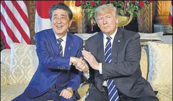  ?? AFP ?? US President Donald Trump with Japan Prime Minister Shinzo Abe at Trump’s Maralago resort in Florida on Tuesday. Seeking to reassure Abe of their close alliance ahead of planned talks with North Korea, the Trump administra­tion has signalled it is...