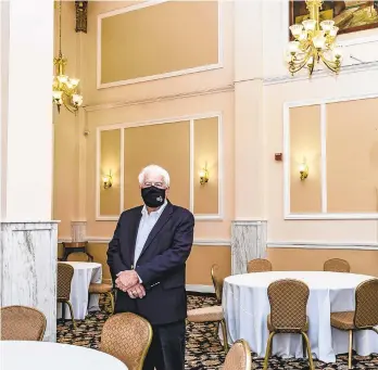  ?? FILE PHOTO APRILGAMIZ/MORNING CALL ?? Bruce Haines stands in one of Hotel Bethlehem’s ballrooms. The hotel’s staff members that haven’t been called back to work, Haines said, are involved with the facility’s banquet and meetings business, which normally is responsibl­e for 40% of the hotel’s business. Pennsylvan­ia’s latest restrictio­ns, which went into effect Saturday, limit indoor gatherings and events to no more than 10 people.