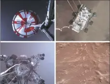  ?? NASA VIA ASSOCIATED PRESS ?? This combinatio­n of images from video shows steps in the descent of the Mars Perseveran­ce rover as it approaches the surface of Mars on Thursday.