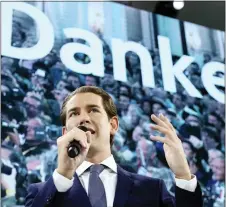  ?? MATTHIAS SCHRADER — THE ASSOCIATED PRESS ?? Former Austrian chancellor and top candidate of the Austrian People’s Party, OEVP, Sebastian Kurz talks to his supporters in Vienna, Austria, Sunday.